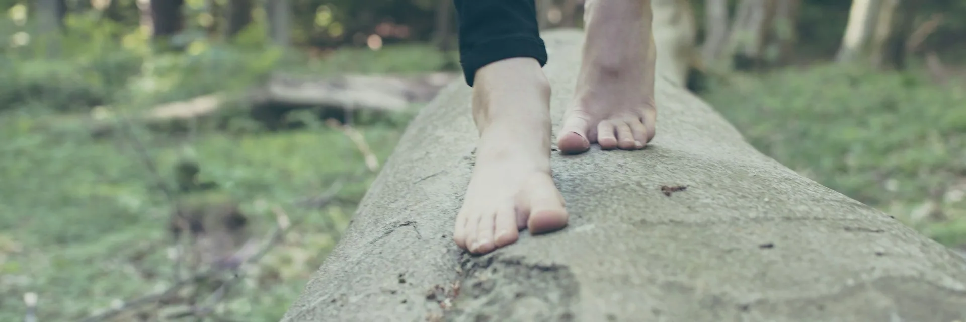 Bare feet balancing on a fallen log in a forest
